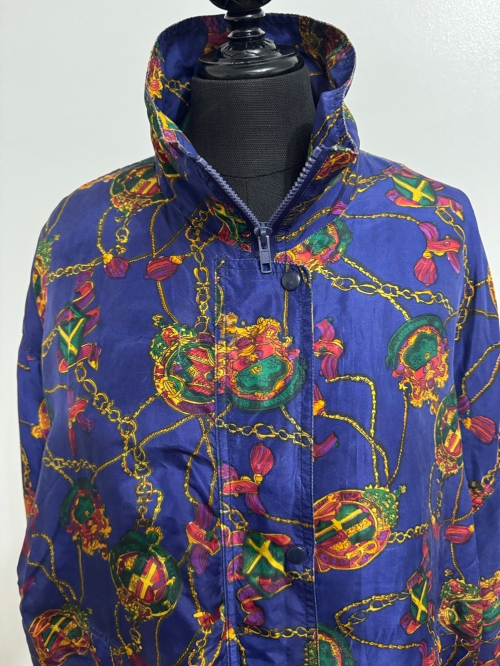 Vintage Simply Rich Silk Blue Chain Print Bomber Jacket - Picture 2 of 4